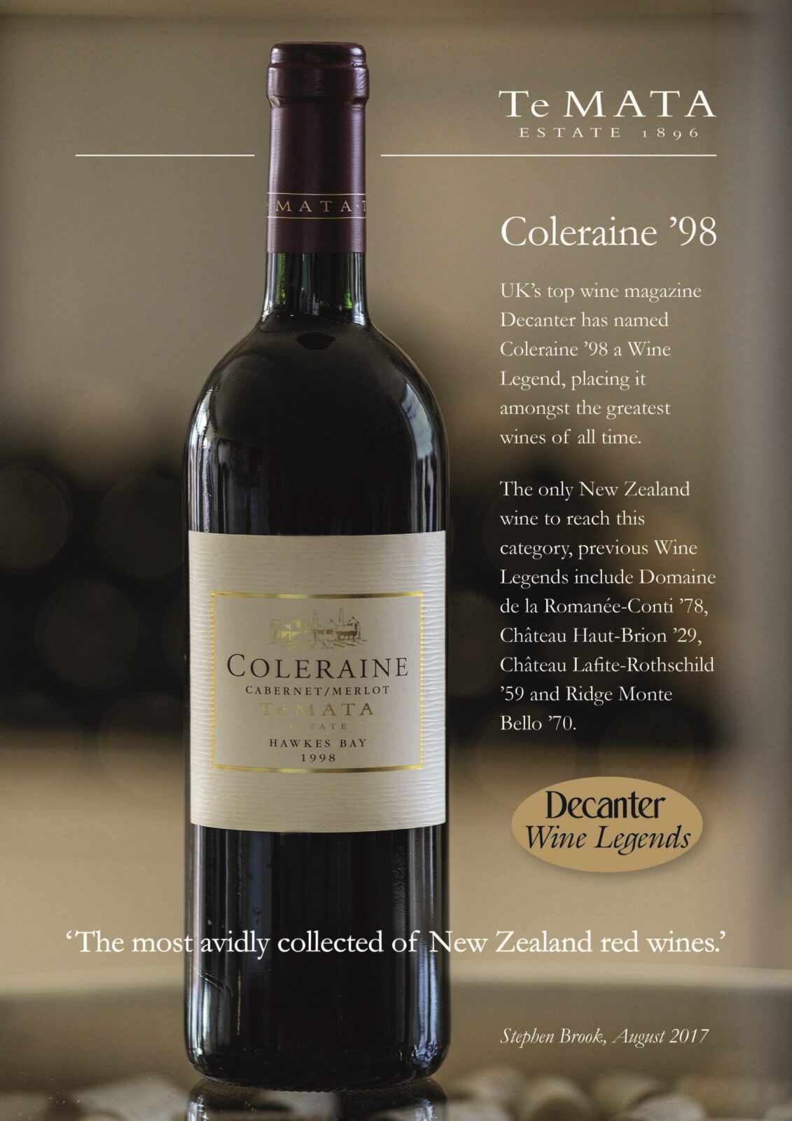 Decanter UK names Te Mata Coleraine ’98 New Zealand’s First ‘Wine Legend’